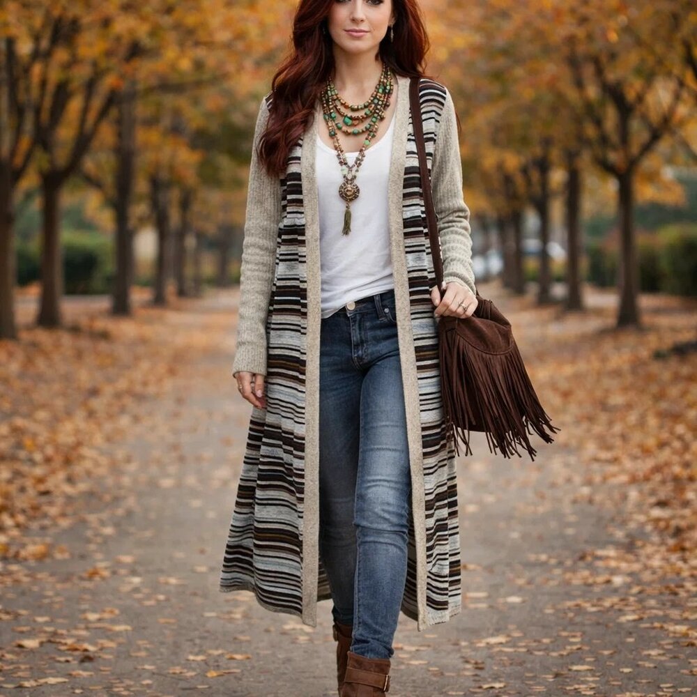 Sweater Duster. Sage/Multi. Sequin Elbow Patches. Sizes S & M. Kori